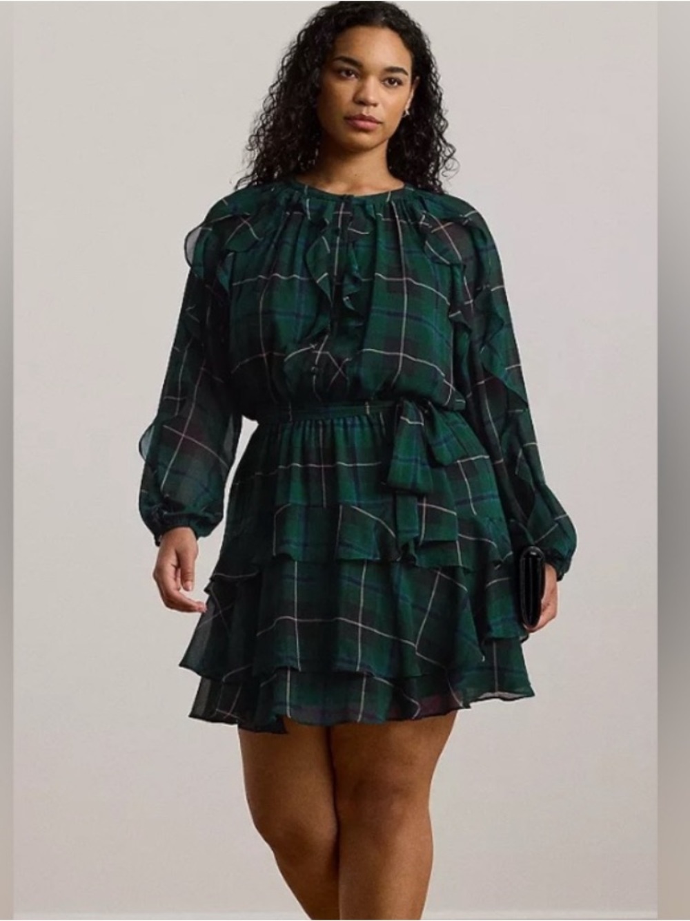 Ralph Lauren Green Navy Plaid Ruffle Long-Sleeve mini 6 sash tiered lined Dress